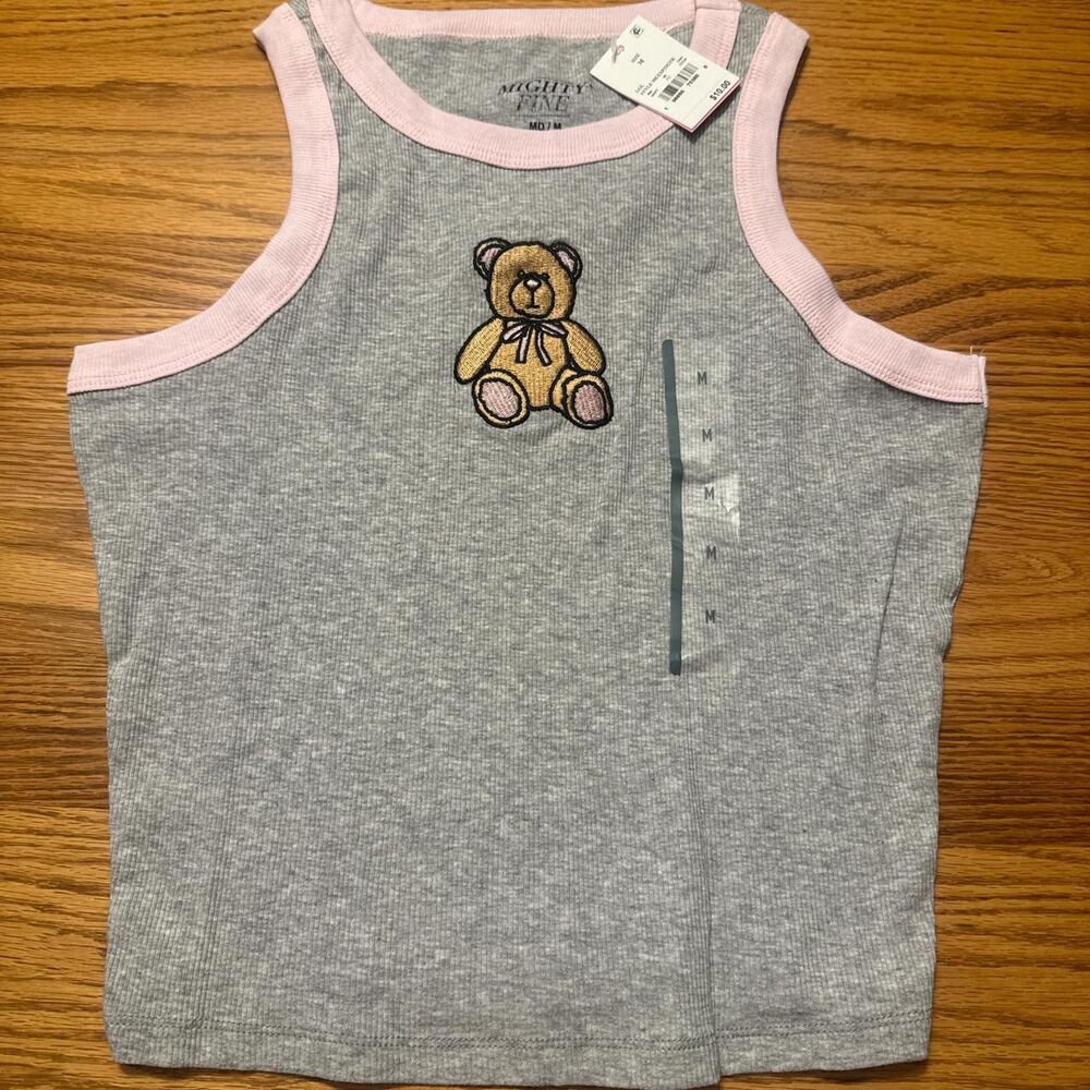 Grey and pink Mighty Fine Teddy Bear embroidered tank top